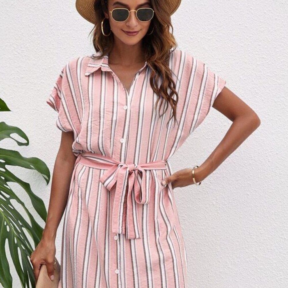 SHEIN Pink White Gray stripe belted Dolman Sleeve Midi shirt Dress medium - Picture 2 of 8